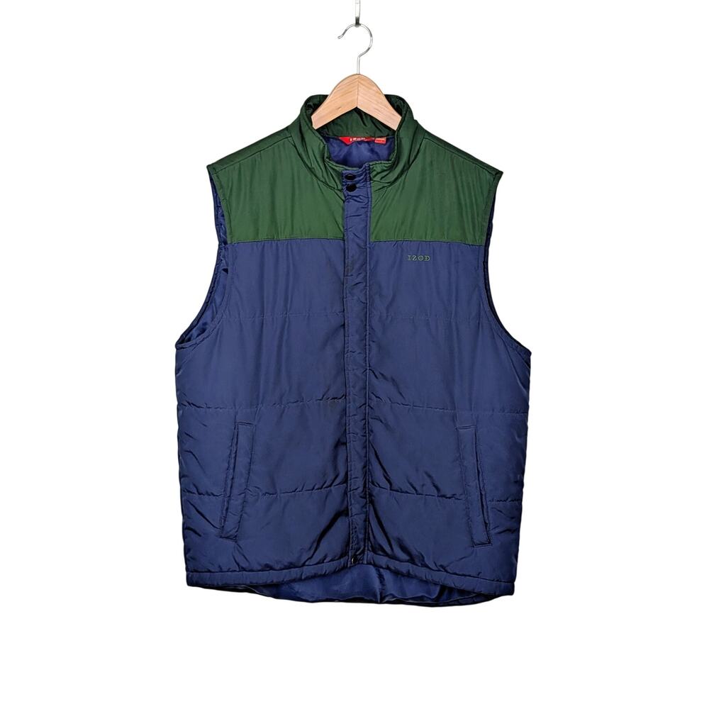 Vintage Y2K Izod Mens Puffer Vest L Retro Preppy Gorpcore Navy Green Colorblock